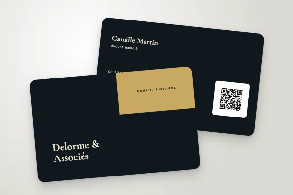 Design « Delorme & Associés » pour carte de visite à commander en ligne (conseil et créatifs, bloc d’angle, nuit et or)
