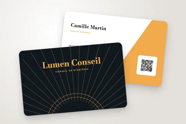 Design « Lumen Conseil » pour carte de visite à commander en ligne (conseil et créatifs, art déco, nuit et ambre)