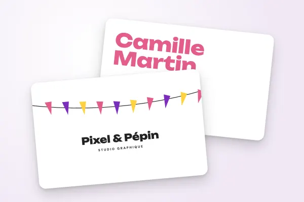 Design « Pixel & Pépin » pour carte de visite à commander en ligne (conseil et créatifs, fanions colorés)