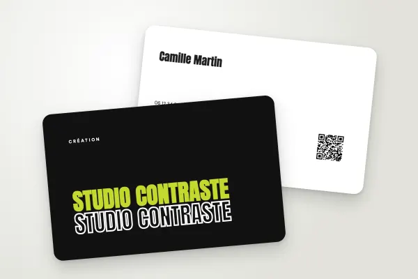 Design « Studio Contraste » pour carte de visite à commander en ligne (conseil et créatifs, typo pop, noir et citron)