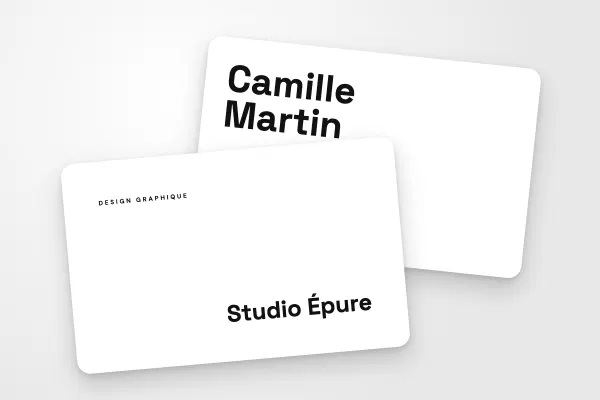 Design « Studio Épure » pour carte de visite à commander en ligne (conseil et créatifs, nom en bas à droite, noir et blanc)