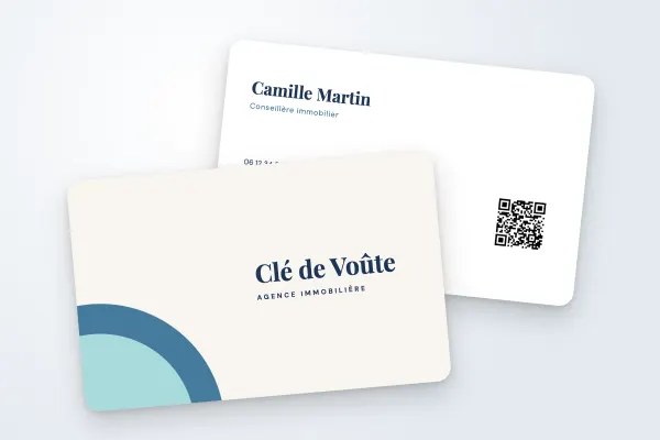 Design « Clé de Voûte » pour carte de visite à commander en ligne (immobilier, arrondis bleus)