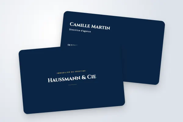 Design « Haussmann & Cie » pour carte de visite à commander en ligne (immobilier, classique, marine et or)