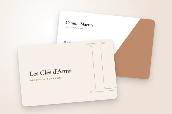 Design « Les Clés d’Anna » pour carte de visite à commander en ligne (immobilier, monogramme, rose cuivré)