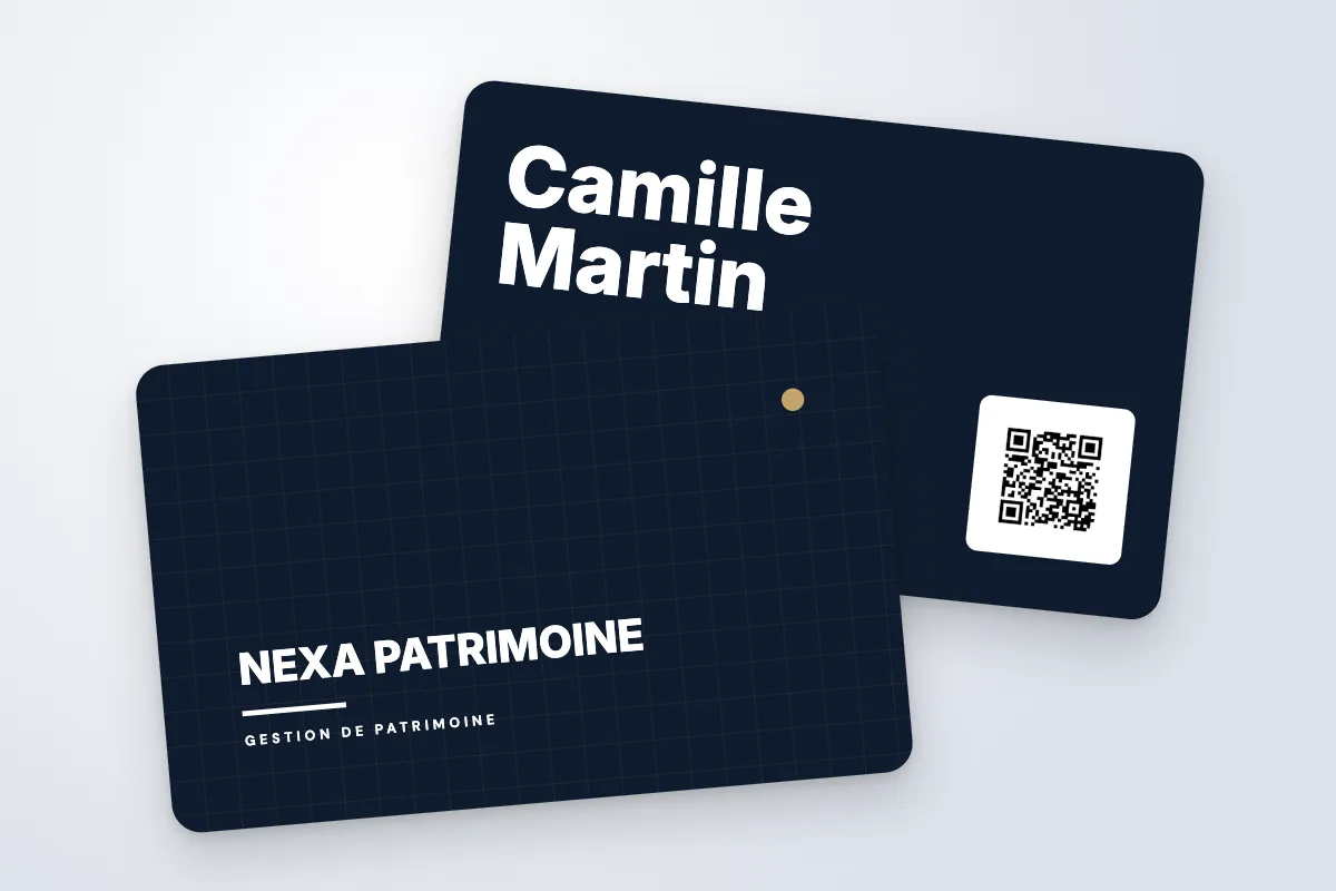 Design « Nexa Patrimoine » pour carte de visite à commander en ligne (immobilier, quadrillage, nuit et or)