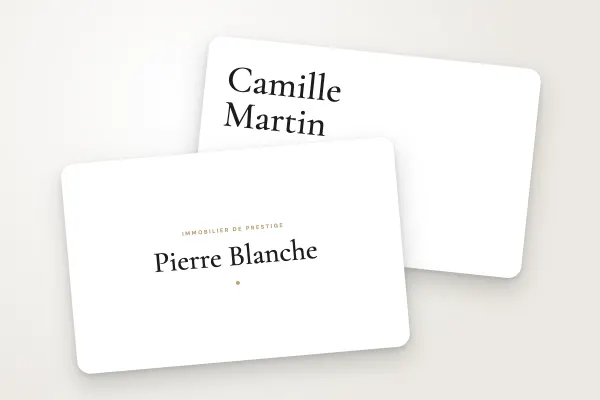 Design « Pierre Blanche » pour carte de visite à commander en ligne (immobilier, épuré, serif et or)