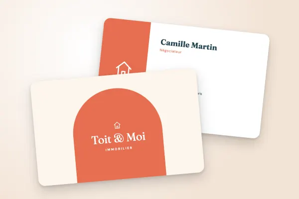 Design « Toit & Moi » pour carte de visite à commander en ligne (immobilier, arche, terracotta)