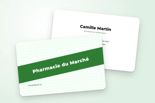 Design « Pharmacie du Marché » pour carte de visite à commander en ligne (santé et bien-être, bandeau vert)
