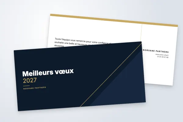 Design « Norvane Partners » pour carte de vœux à commander en ligne (corporate, pan diagonal, nuit et or · dl (10 × 21 cm))
