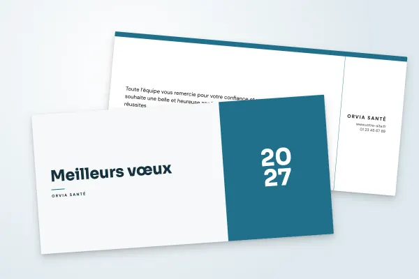 Design « Orvia Santé » pour carte de vœux à commander en ligne (corporate, bloc d’année, bleu canard · dl (10 × 21 cm))