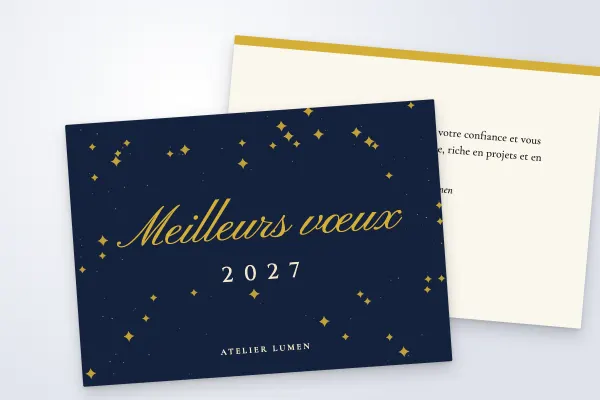 Design « Atelier Lumen » pour carte de vœux à commander en ligne (élégant et doré, étoiles dorées sur bleu nuit · a6 (10 × 15 cm))