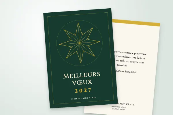 Design « Cabinet Saint-Clair » pour carte de vœux à commander en ligne (élégant et doré, étoile géométrique dorée sur vert, vertical · a6 (10 × 15 cm))