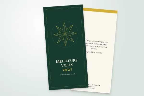 Design « Cabinet Saint-Clair » pour carte de vœux à commander en ligne (élégant et doré, étoile géométrique dorée sur vert, vertical · dl (10 × 21 cm))