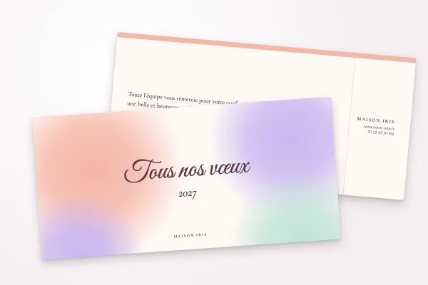 Design « Maison Iris » pour carte de vœux à commander en ligne (élégant et doré, aquarelle pastel, écriture manuscrite · dl (10 × 21 cm))