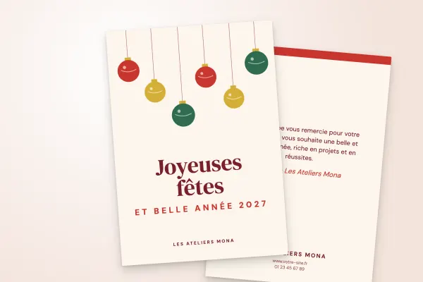 Design « Les Ateliers Mona » pour carte de vœux à commander en ligne (festif et coloré, boules suspendues, vertical · a6 (10 × 15 cm))