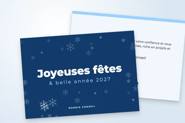 Design « Nordik Conseil » pour carte de vœux à commander en ligne (festif et coloré, flocons sur bleu profond · a6 (10 × 15 cm))