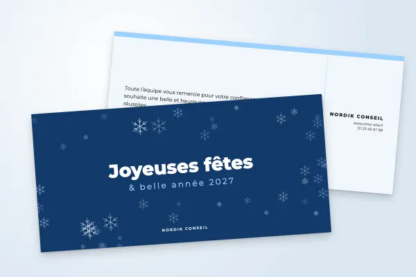 Design « Nordik Conseil » pour carte de vœux à commander en ligne (festif et coloré, flocons sur bleu profond · dl (10 × 21 cm))