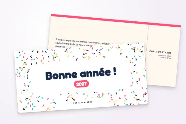 Design « Pop & Partners » pour carte de vœux à commander en ligne (festif et coloré, confettis multicolores · dl (10 × 21 cm))
