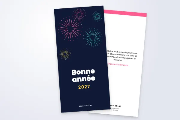 Design « Studio Éclat » pour carte de vœux à commander en ligne (festif et coloré, feux d’artifice, vertical · dl (10 × 21 cm))