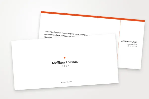 Design « Atelier Blanc » pour carte de vœux à commander en ligne (minimaliste, point de couleur, blanc · dl (10 × 21 cm))