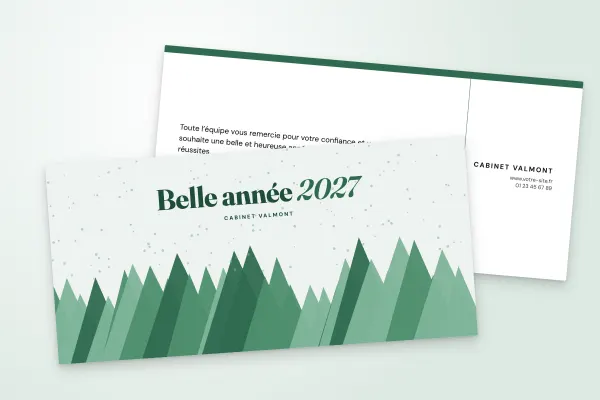 Design « Cabinet Valmont » pour carte de vœux à commander en ligne (nature et hiver, forêt de sapins graphiques · dl (10 × 21 cm))