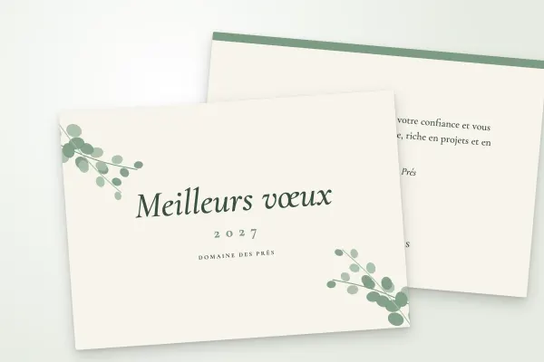 Design « Domaine des Prés » pour carte de vœux à commander en ligne (nature et hiver, branches d’eucalyptus, vert sauge · a6 (10 × 15 cm))