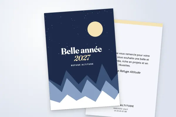 Design « Refuge Altitude » pour carte de vœux à commander en ligne (nature et hiver, montagnes sous la lune, vertical · a6 (10 × 15 cm))