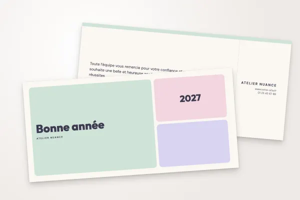 Design « Atelier Nuance » pour carte de vœux à commander en ligne (pastel, blocs pastel façon mosaïque · dl (10 × 21 cm))