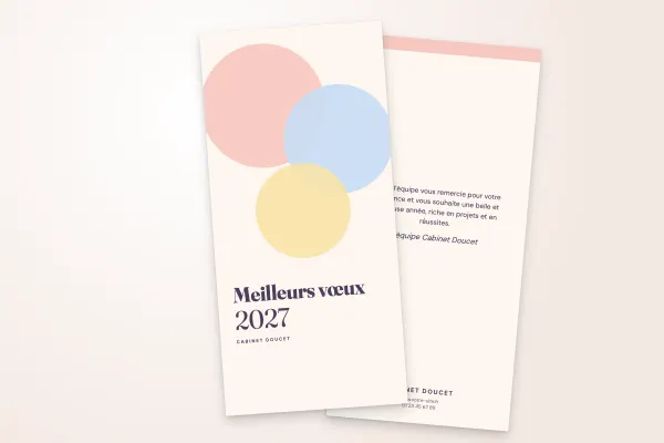 Design « Cabinet Doucet » pour carte de vœux à commander en ligne (pastel, cercles pastel superposés, vertical · dl (10 × 21 cm))