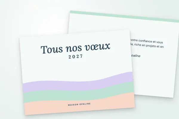 Design « Maison Opaline » pour carte de vœux à commander en ligne (pastel, vagues douces, menthe et lilas · a6 (10 × 15 cm))