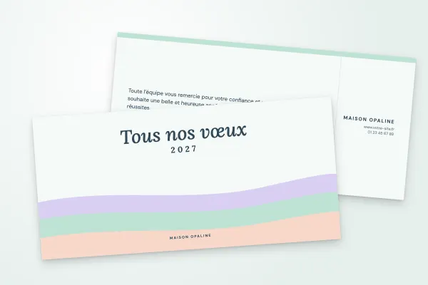 Design « Maison Opaline » pour carte de vœux à commander en ligne (pastel, vagues douces, menthe et lilas · dl (10 × 21 cm))