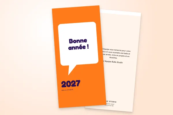 Design « Bulle Studio » pour carte de vœux à commander en ligne (pop et coloré, grande bulle, orange et violet, vertical · dl (10 × 21 cm))