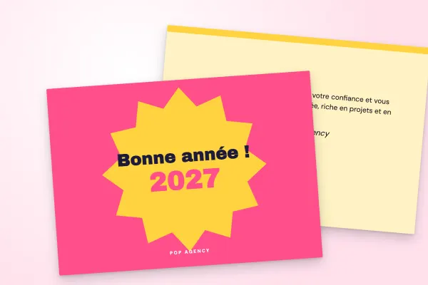 Design « Pop Agency » pour carte de vœux à commander en ligne (pop et coloré, étoile éclatée, rose et jaune · a6 (10 × 15 cm))
