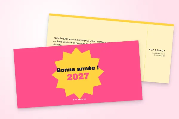 Design « Pop Agency » pour carte de vœux à commander en ligne (pop et coloré, étoile éclatée, rose et jaune · dl (10 × 21 cm))