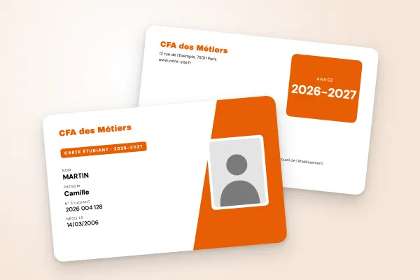 Design « CFA des Métiers » pour carte étudiant à commander en ligne (art et formation, bloc oblique, photo encadrée, orange)