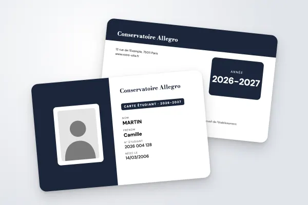 Design « Conservatoire Allegro » pour carte étudiant à commander en ligne (art et formation, moitié couleur, photo encadrée, nuit)