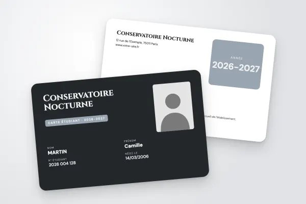 Design « Conservatoire Nocturne » pour carte étudiant à commander en ligne (art et formation, nom en grand, champs sur deux colonnes, anthracite et argent)