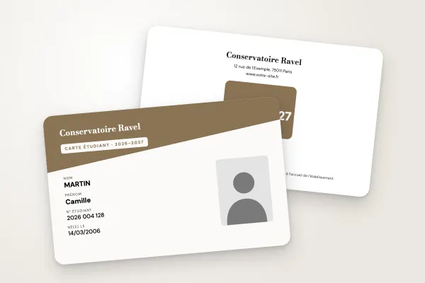 Design « Conservatoire Ravel » pour carte étudiant à commander en ligne (art et formation, en-tête diagonal, bronze)