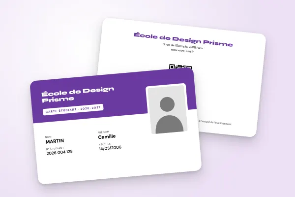 Design « École de Design Prisme » pour carte étudiant à commander en ligne (art et formation, deux tons, photo à cheval, violet)