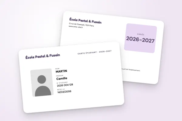 Design « École Pastel & Fusain » pour carte étudiant à commander en ligne (art et formation, fond couleur, panneau clair, lilas)