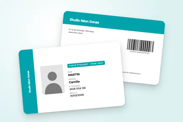 Design « Studio Néon Danse » pour carte étudiant à commander en ligne (art et formation, bande latérale, nom vertical, turquoise et jaune)