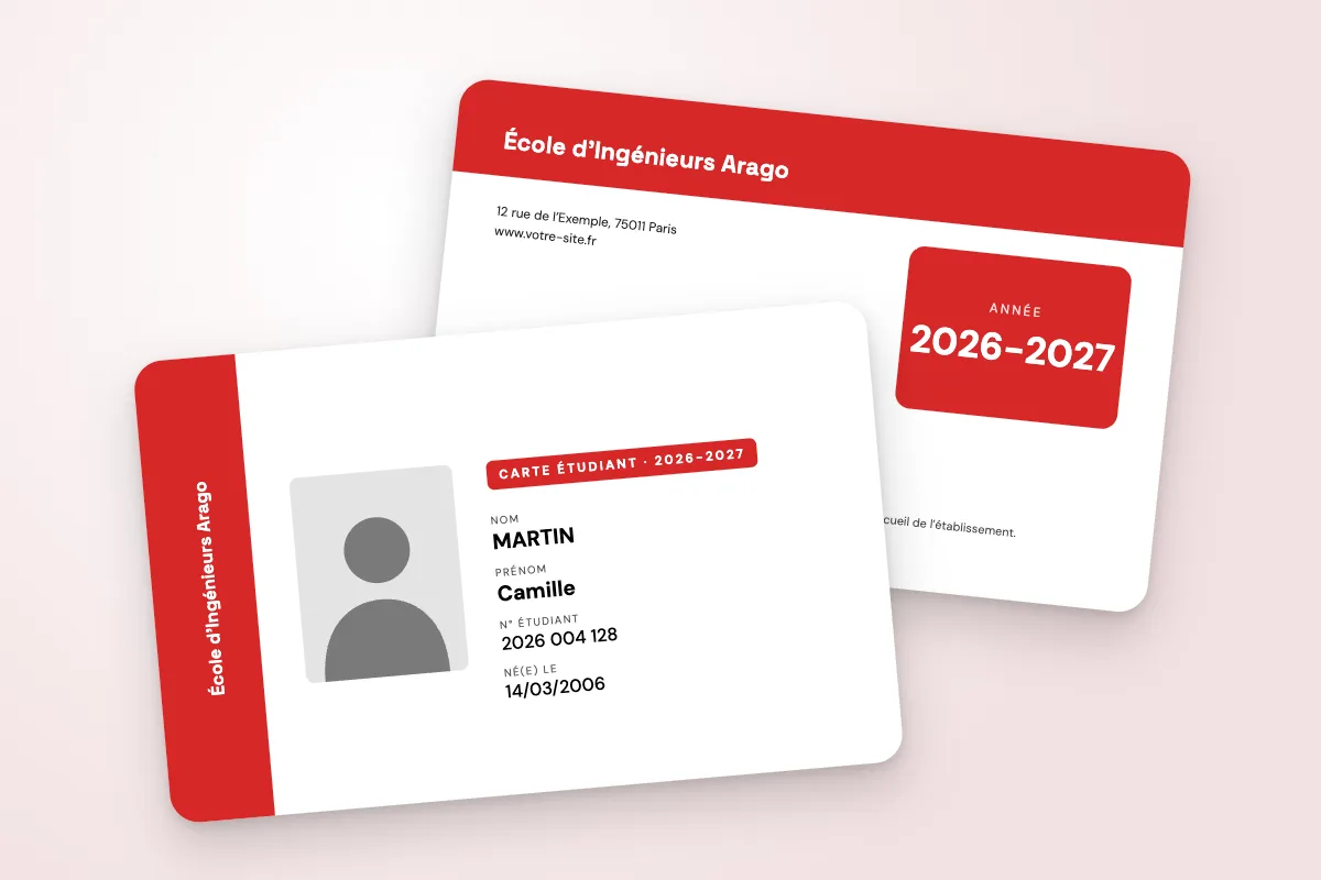 Design « École d’Ingénieurs Arago » pour carte étudiant à commander en ligne (grandes écoles, bande latérale, nom vertical, rouge)