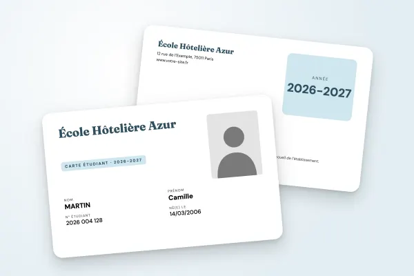 Design « École Hôtelière Azur » pour carte étudiant à commander en ligne (grandes écoles, nom en grand, champs sur deux colonnes, bleu ciel)