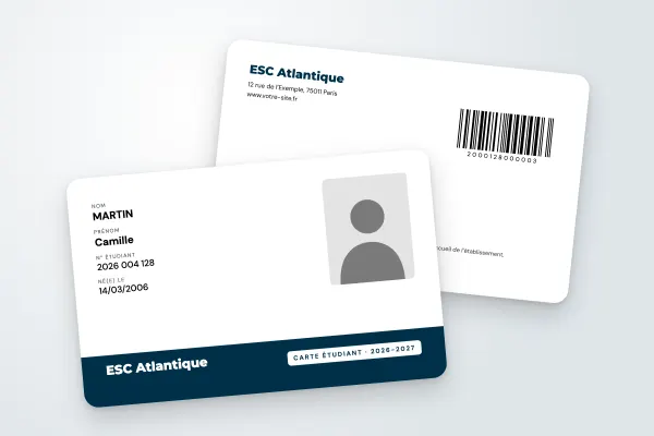 Design « ESC Atlantique » pour carte étudiant à commander en ligne (grandes écoles, bandeau bas, bleu nuit)