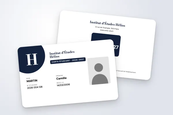 Design « Institut d’Études Hélios » pour carte étudiant à commander en ligne (grandes écoles, grande initiale, bleu nuit)