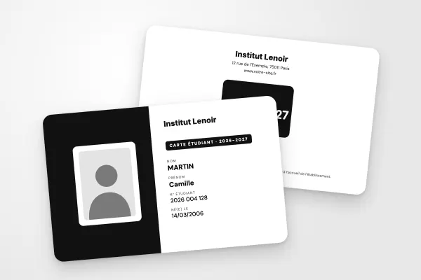 Design « Institut Lenoir » pour carte étudiant à commander en ligne (grandes écoles, moitié couleur, photo encadrée, noir et blanc)