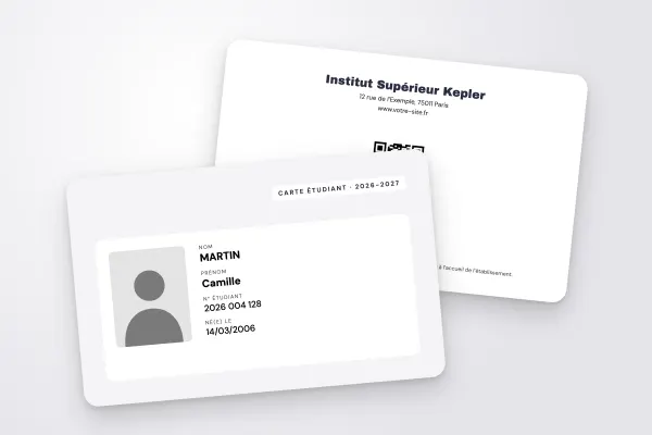 Design « Institut Supérieur Kepler » pour carte étudiant à commander en ligne (grandes écoles, fond couleur, panneau clair, anthracite)