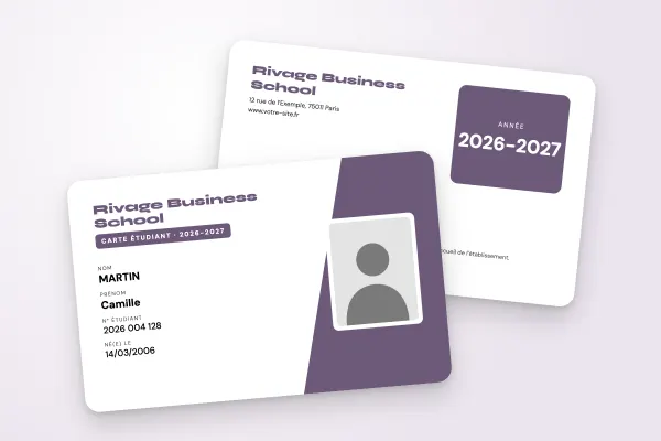 Design « Rivage Business School » pour carte étudiant à commander en ligne (grandes écoles, bloc oblique, photo encadrée, prune et corail)