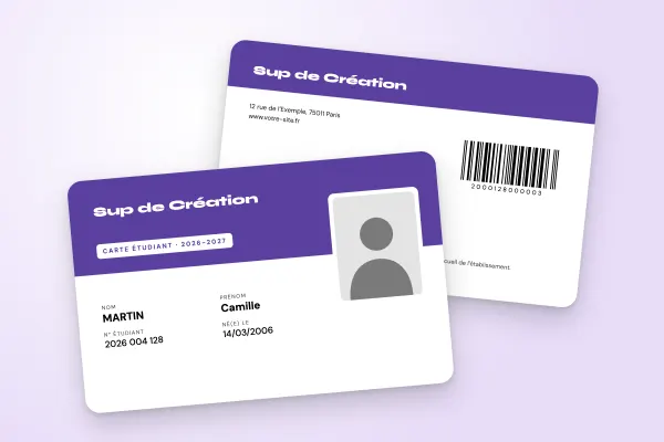 Design « Sup de Création » pour carte étudiant à commander en ligne (grandes écoles, deux tons, photo à cheval, violet)