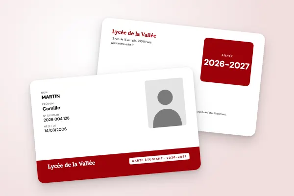 Design « Lycée de la Vallée » pour carte étudiant à commander en ligne (lycées et collèges, bandeau bas, rouge)